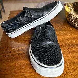 Black Leather Vans Slip Ons